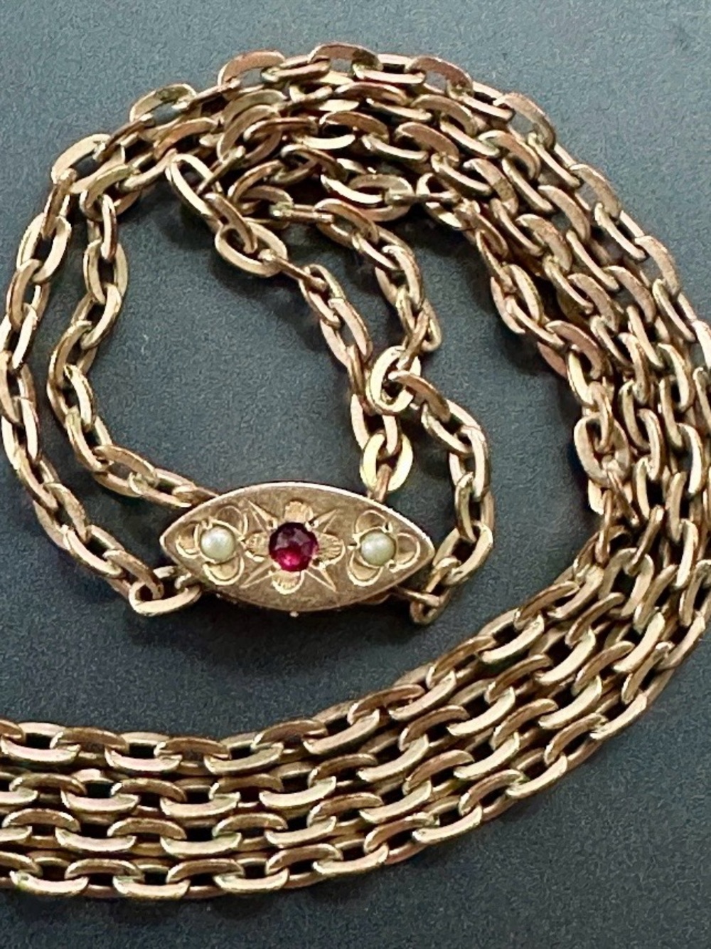 Antique CAM & Co. Gold Filled Slide Watch Chain Ruby Seed Pearl 25.5" Flawless